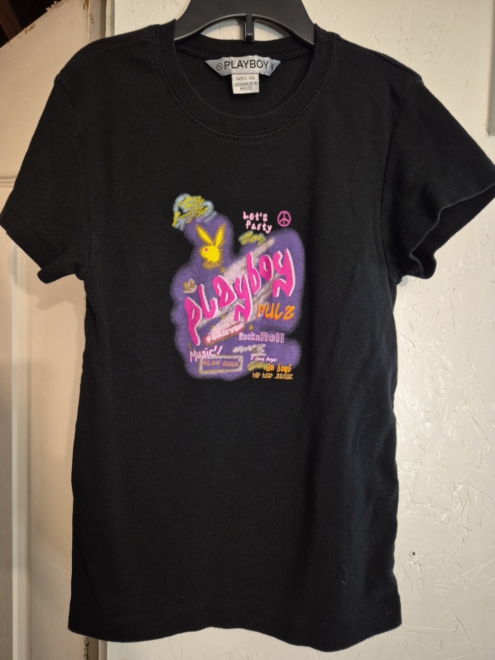 Y2k RARE*PLAYBOY Black Tee with Pink, Purple & Yellow Graphic Babytee
